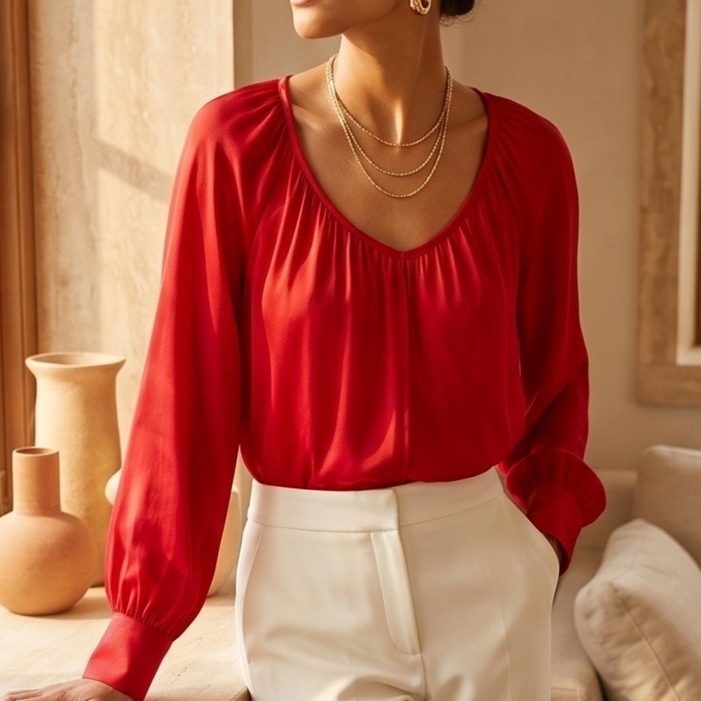 Talbots Woman 18W Red Silk Blend Long Sleeve Scoop Neck Blouse Satiny Elegant